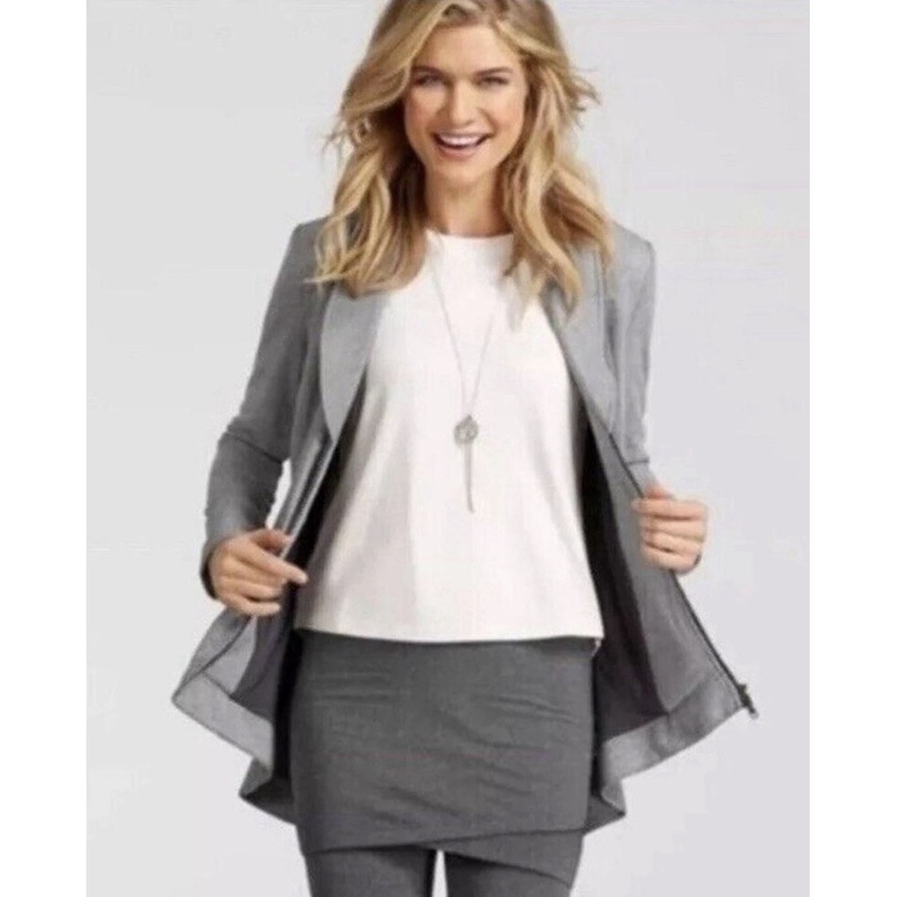 Cabi Women's Drop Off Zip Back Gray Striped Jacket Knit Pockets #5300 Size Large